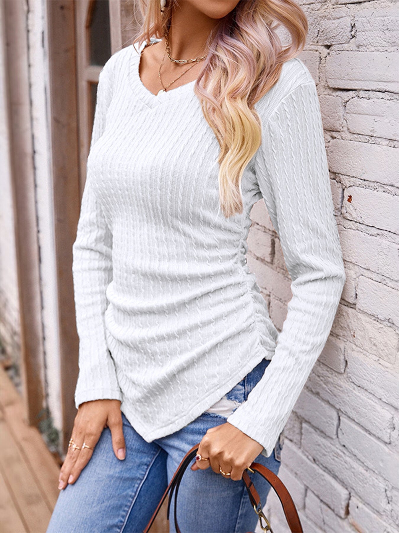 Full Size Ruched V-Neck Long Sleeve T-Shirt