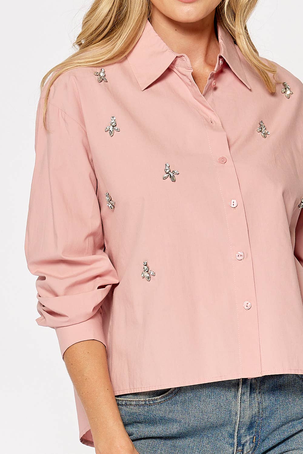 Lalavon - ILT4441 JEWEL FLOWER COLLARED HIGH LOW SHIRT