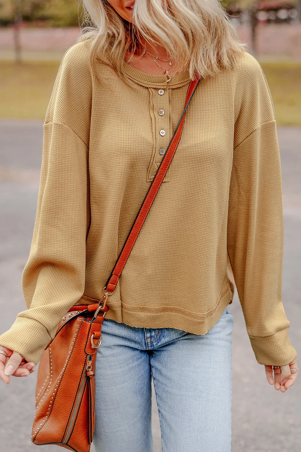 Waffle-Knit Half Button Round Neck Long Sleeve Top