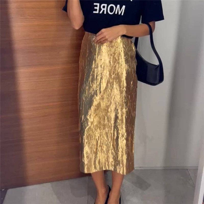 UZ Wholesale Store - Metallic Color Pleated Slit Mid-Length Pencil Skirt: GOLD / S