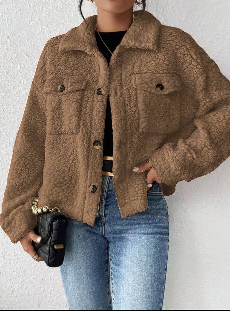 Miss Sparkling - Collared Button Faux Fur Short Coat