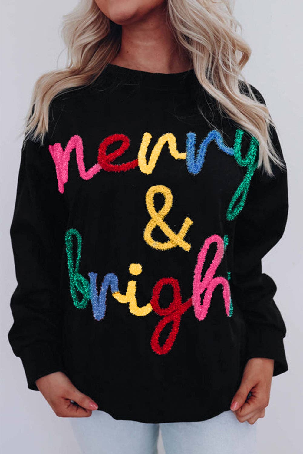 Suhkasana - Black Colorful Merry & Bright Tinsel Graphic Sweater: Black / 50%Viscose+28%Polyester+22%Polyamide / S