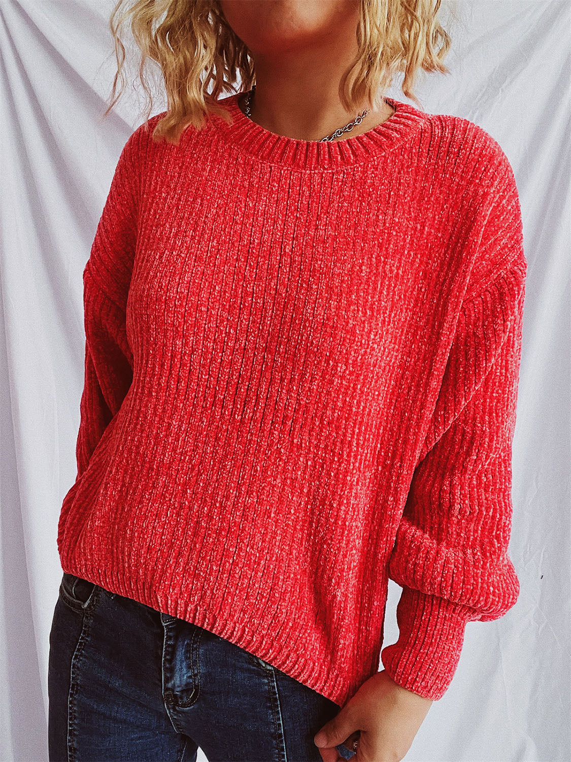 Round Neck Dropped Shoulder Long Sleeve Sweater