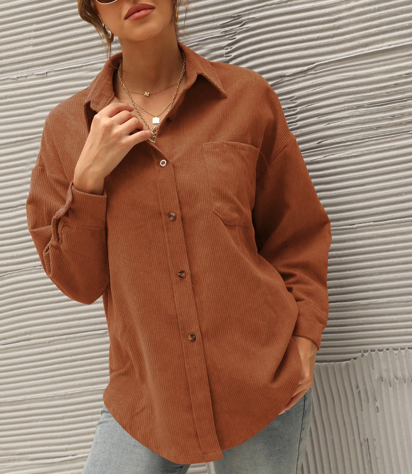 Rosa Clothing - Corduroy Oversized Solid Shacket: Caramel / S