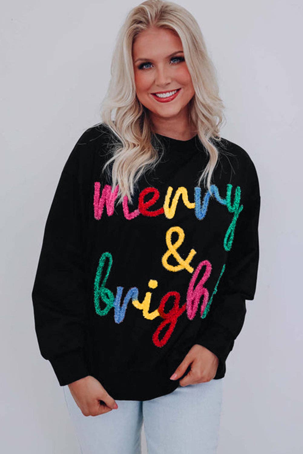 Suhkasana - Black Colorful Merry & Bright Tinsel Graphic Sweater: Black / 50%Viscose+28%Polyester+22%Polyamide / S