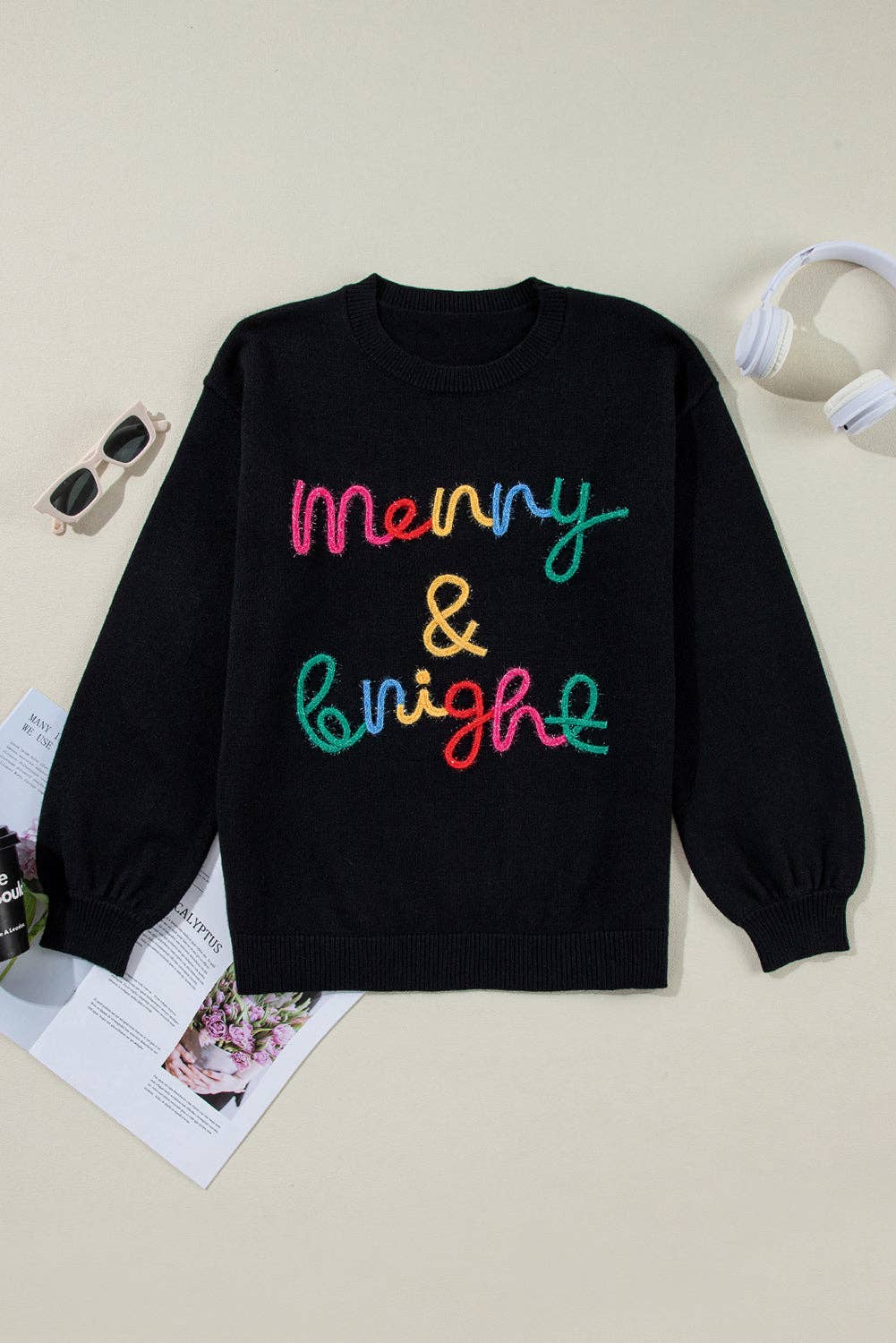 Suhkasana - Black Colorful Merry & Bright Tinsel Graphic Sweater: Black / 50%Viscose+28%Polyester+22%Polyamide / S