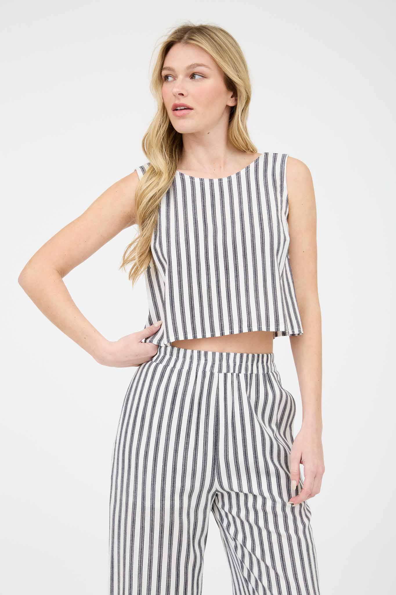 The Workshop Studio - STRIPE LINEN BACK TIE DETAIL SLEEVELESS TOP