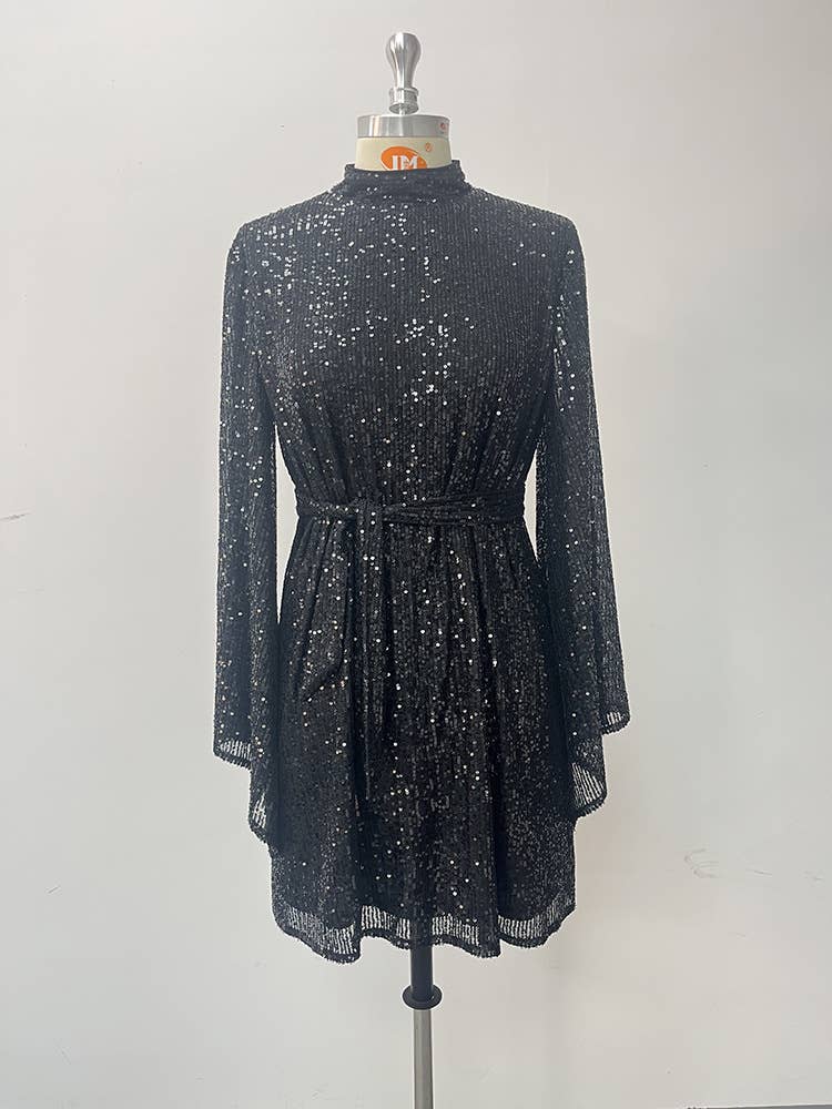 Rosa Clothing - Long sleeve party dress sequined cocktail dress: Black / L