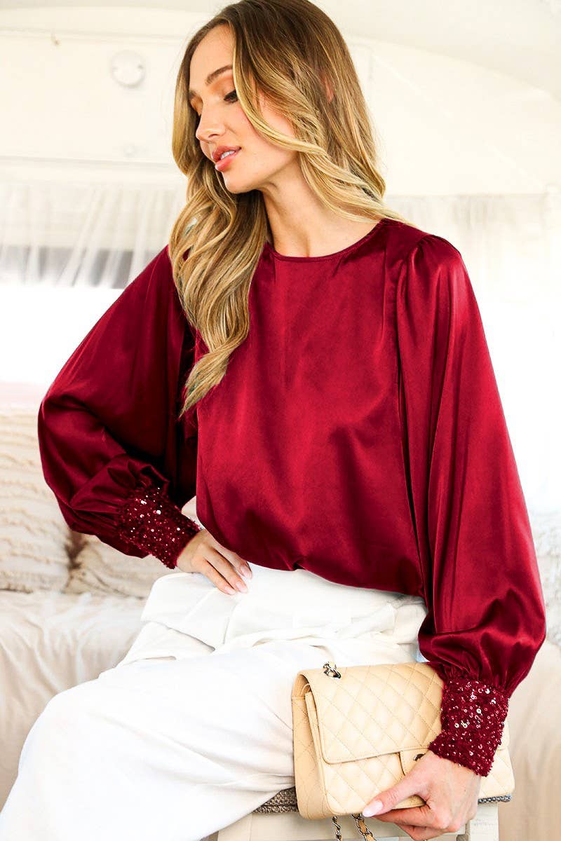 Vine & Love - Sequin Cuff Detail Boat Neck Satin Blouse Top VT81259