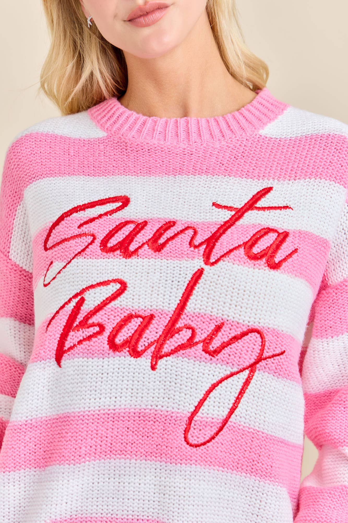 Main Strip - Santa Baby Pink Stripe Knit Sweater Festive Holiday Pullover