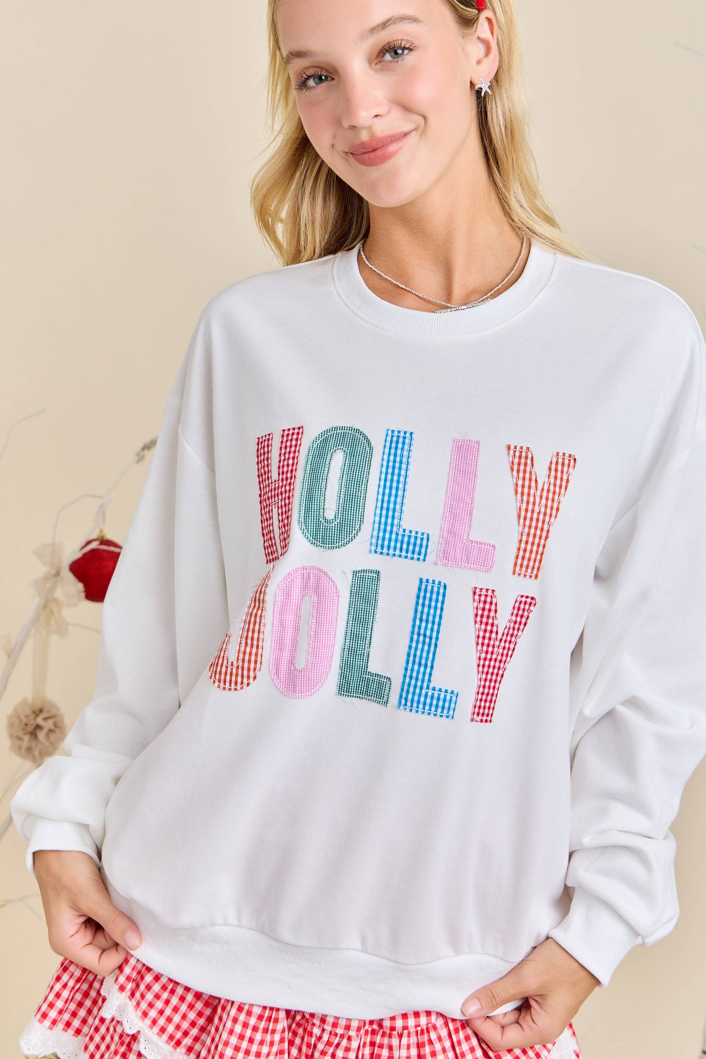 Main Strip - Holly Jolly White Holiday Sweatshirt Festive Winter Pullover
