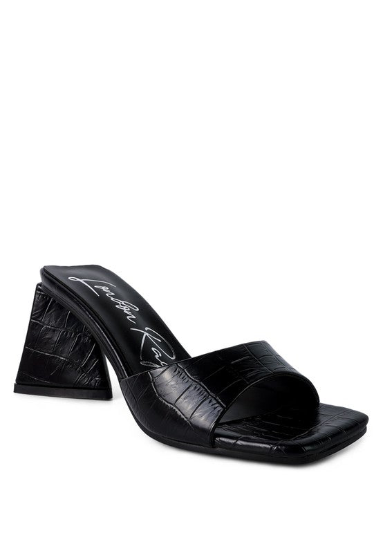 TRINITY TRIANGLE BLOCK HEELED CROC SANDALS