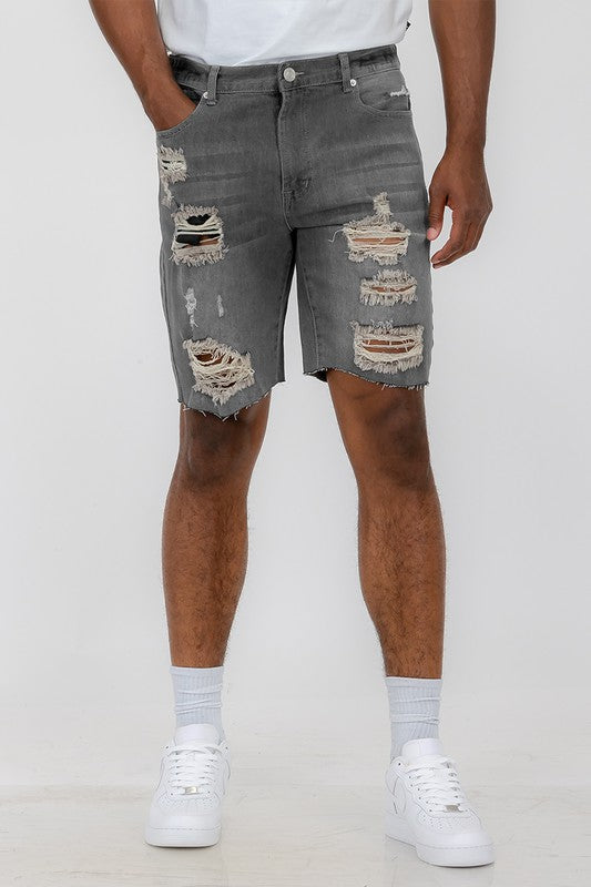 Distressed Stretch Denim Shorts