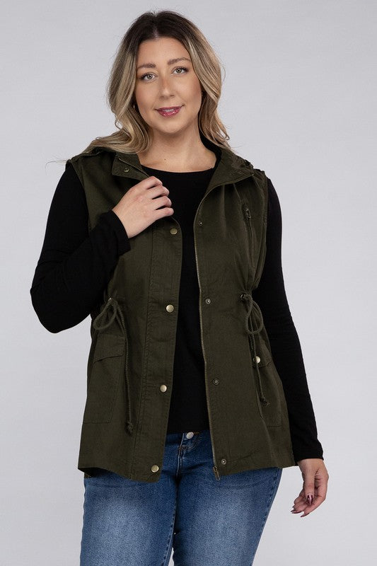 Plus Drawstring Waist Military Hoodie Vest