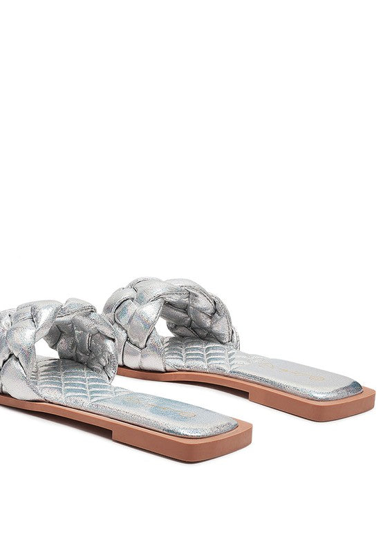 MARCUE PATENT PU QUILTED SLIDES IN WOVEN STRAPS