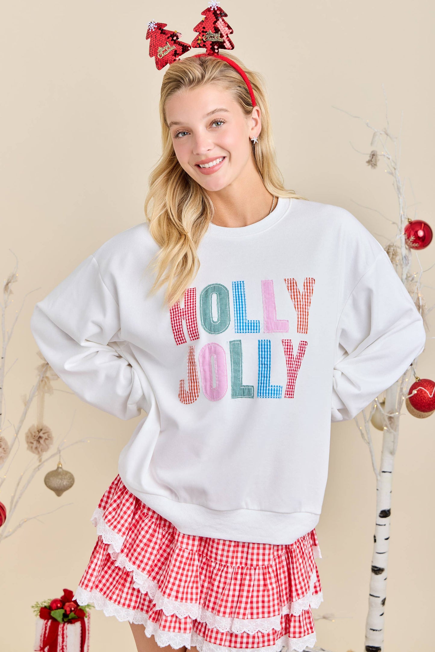 Main Strip - Holly Jolly White Holiday Sweatshirt Festive Winter Pullover
