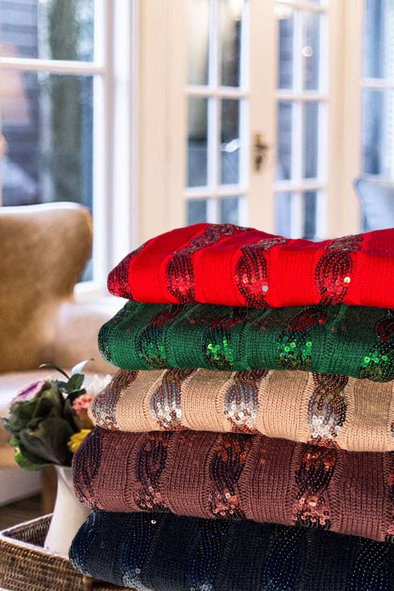 Vine & Love - Cable Sequin Detail Crew Neck Knitted Sweater Top VT70164