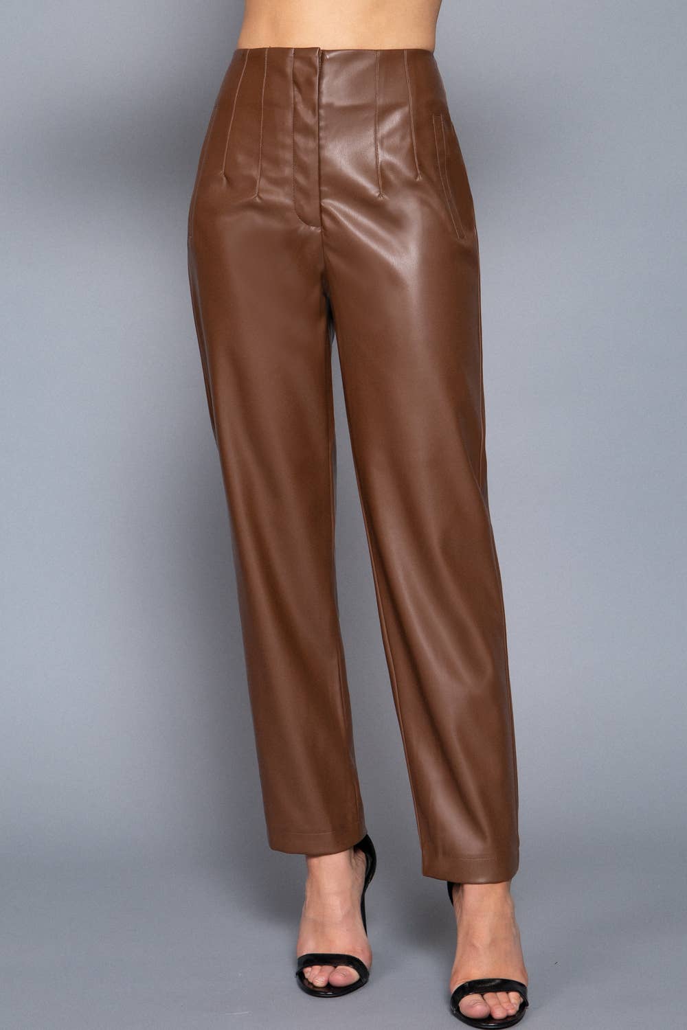 Active Basic | Active USA - Hight Waist Slim Fit Faux Leather Long Pants: BRN-warm brown / M