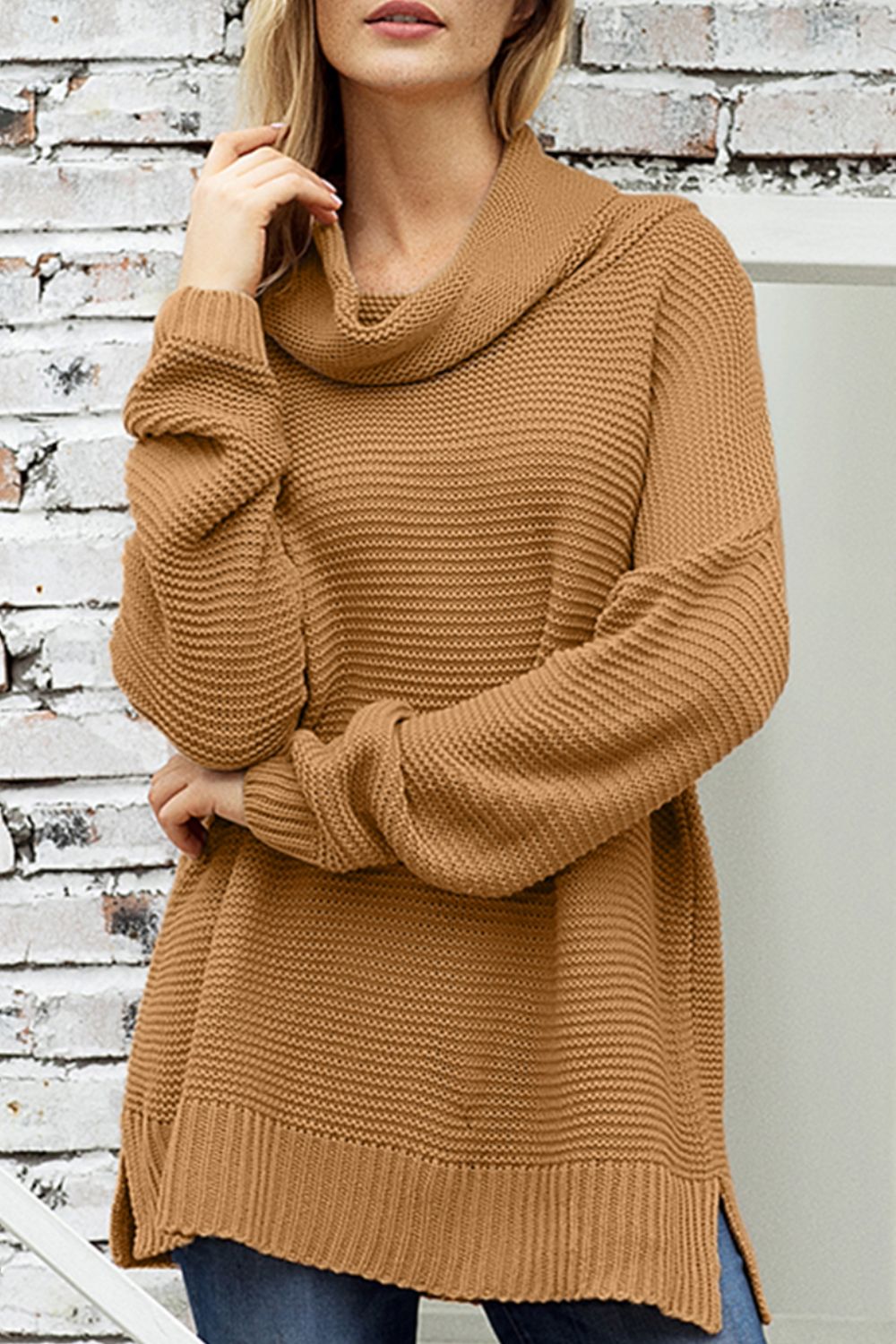 Side Slit Turtleneck Long Sleeve Sweater