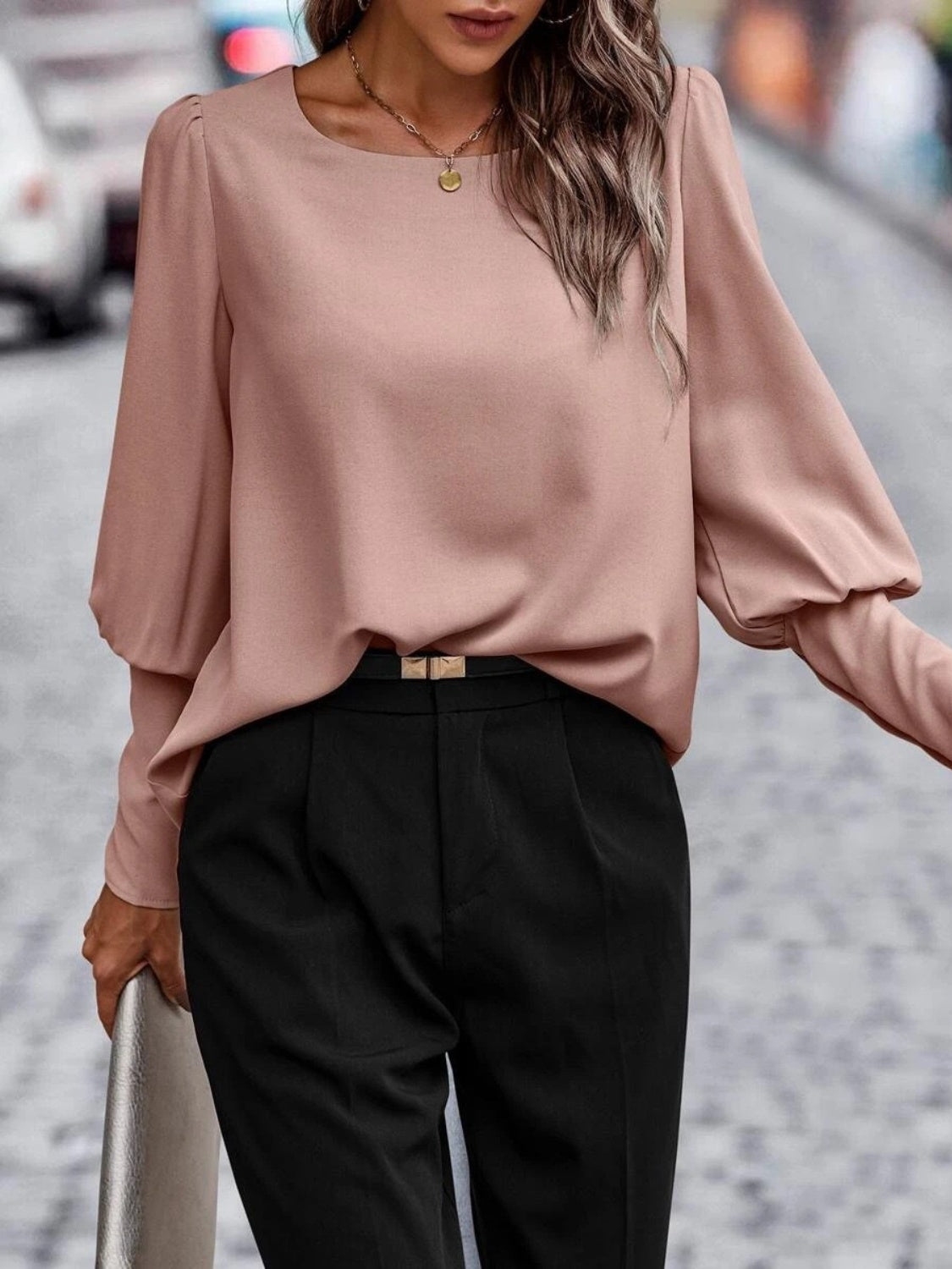 Decorative Button Round Neck Long Sleeve Blouse