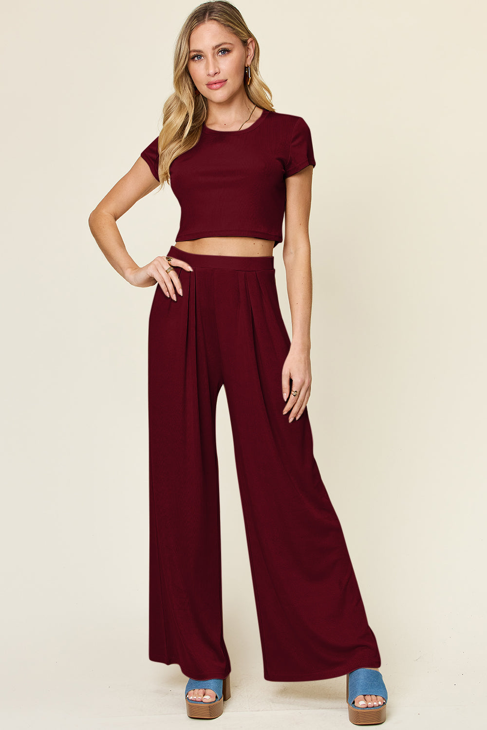 Double Take Full Size Round Neck Top and Pants Set