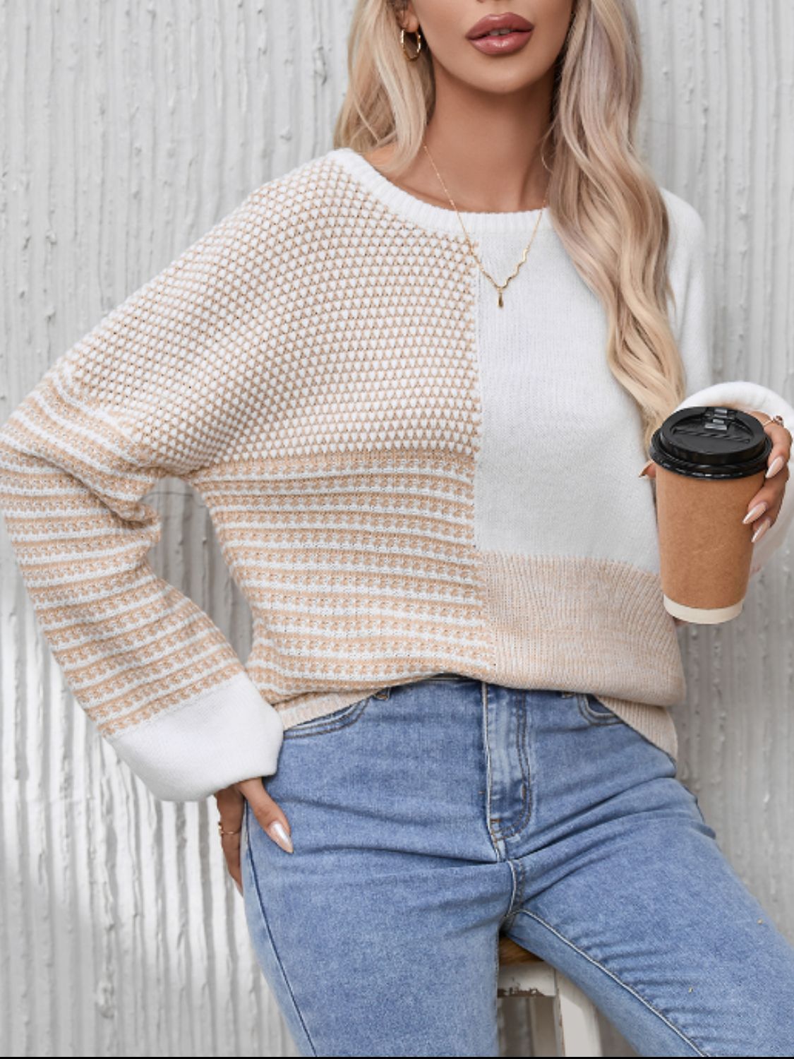 Contrast Round Neck Long Sleeve Sweater