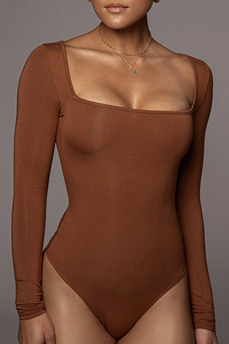 Lily Clothing - WOMEN SEXY DEEP SQUARE NECK LONG SLEEVE BODY SUIT_CWSBSL0019: BROWN / (L) 1