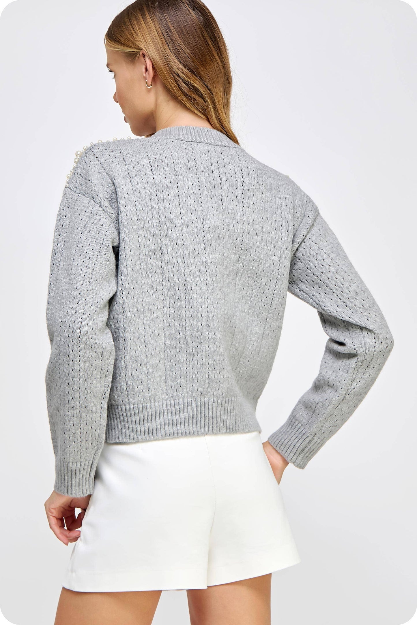 Strut & Bolt - Pearl Studded Eyelet Knit Cardigan Sweater