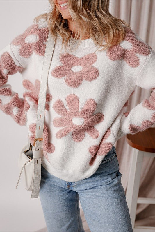 Vintage Flower Drop Shoulder Loose Sweater