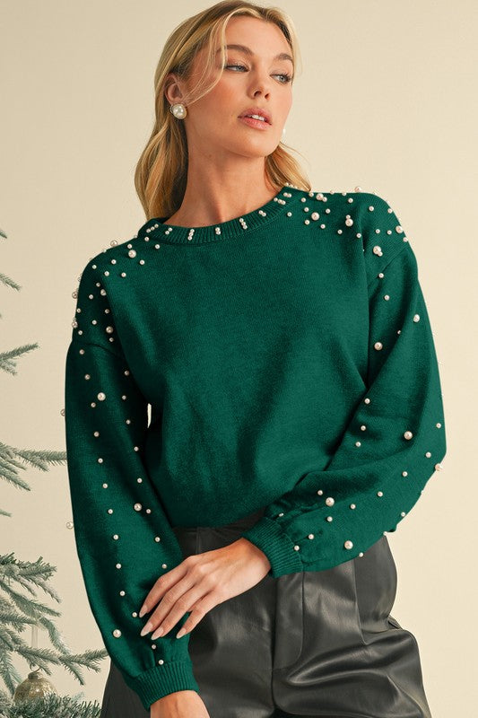 Pearl Drop Shoulder Round Neck Sweater