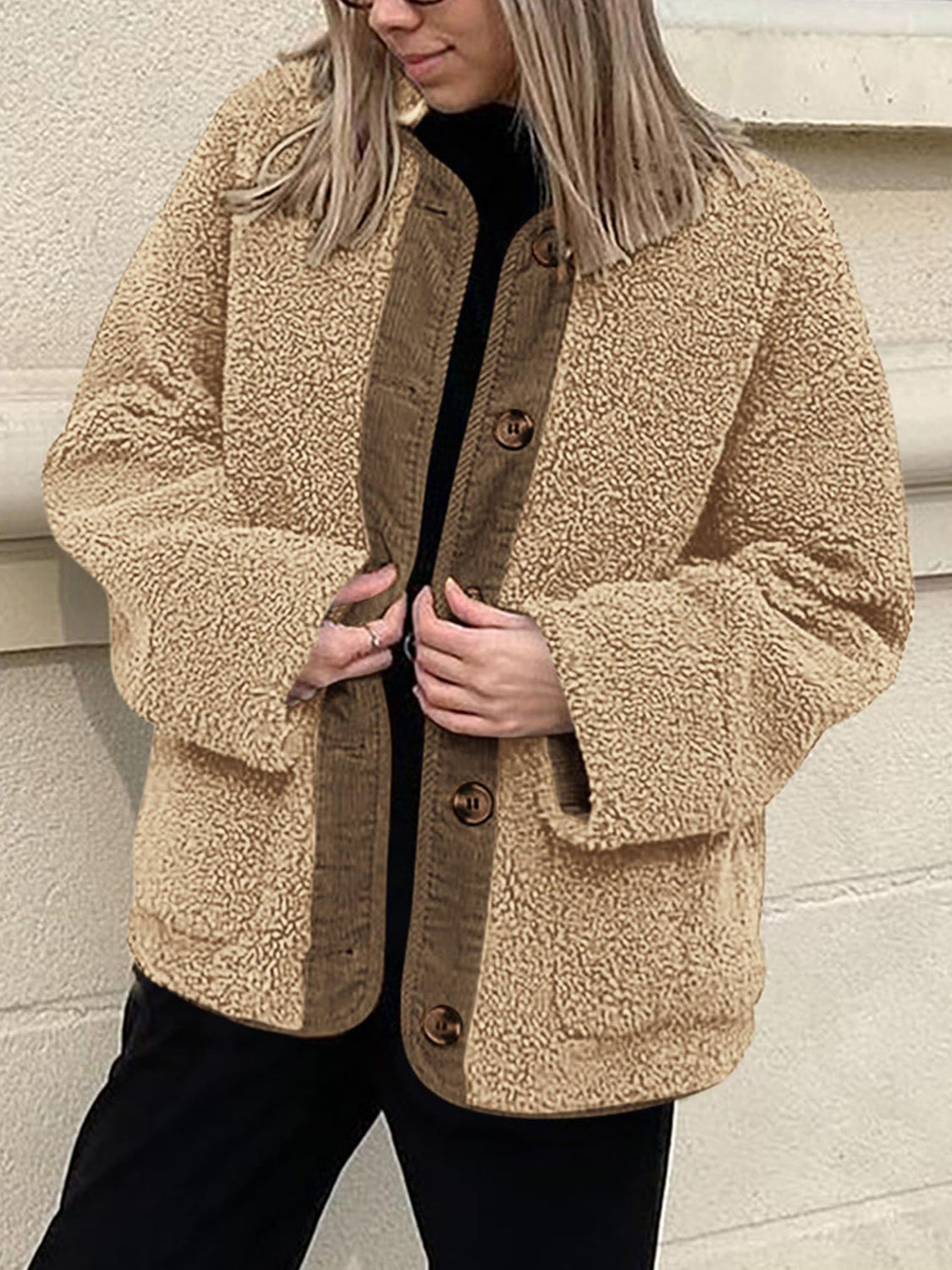 Contrast Button Up Sherpa Jacket with Pockets