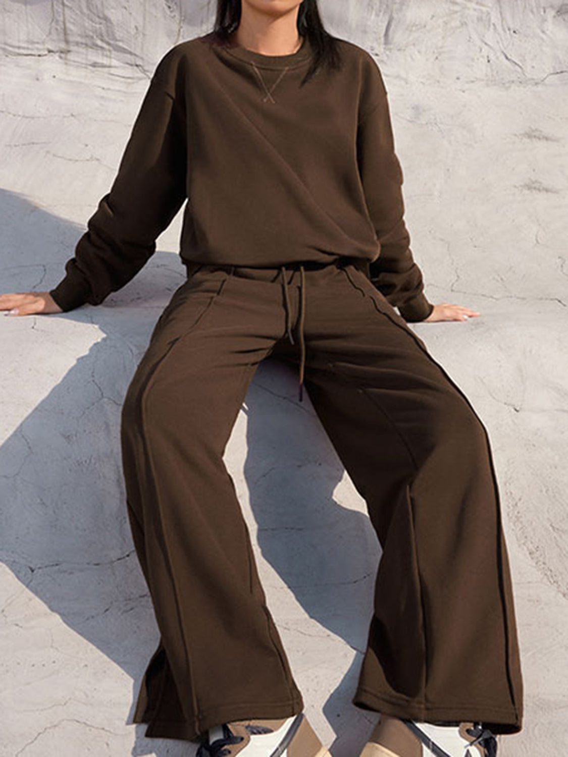 Round Neck Long Sleeve Top and Elastic Waist Pants Set