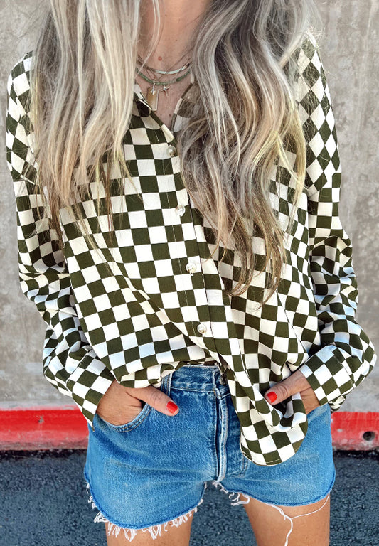 Checkered Collared Neck Long Sleeve Shirt