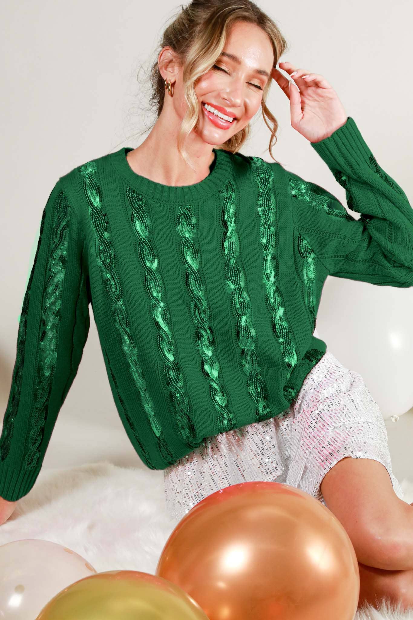 Vine & Love - Cable Sequin Detail Crew Neck Knitted Sweater Top VT70164