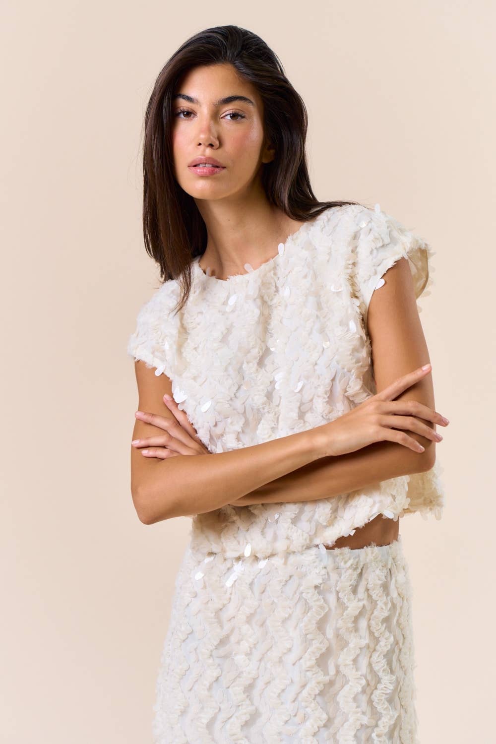 Lalavon - ILT5786 Short Sleeve Sequin Top