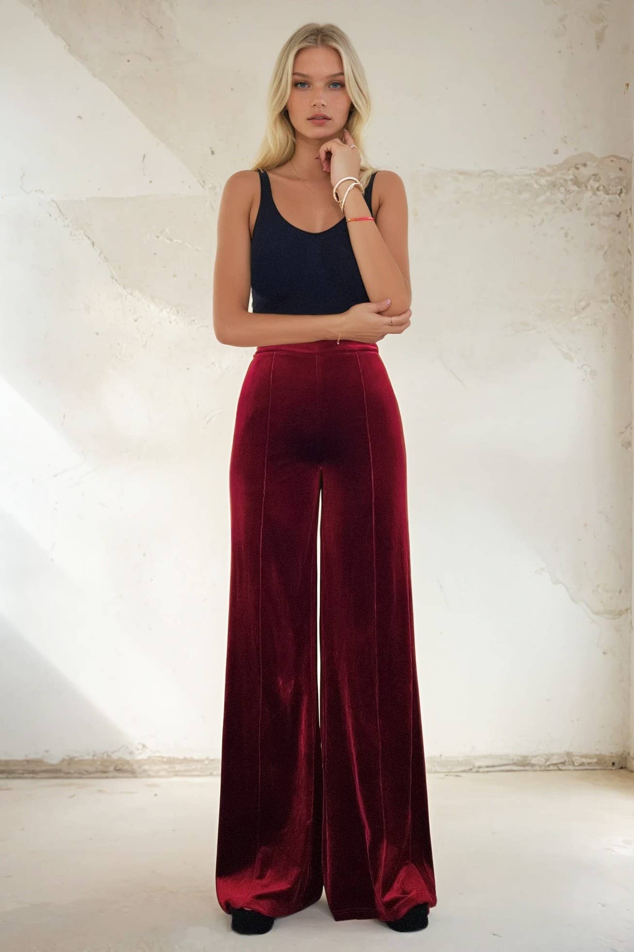 WISTERIA LANE - VELVET PALAZZO TROUSER PANTS 2422PIA WINE