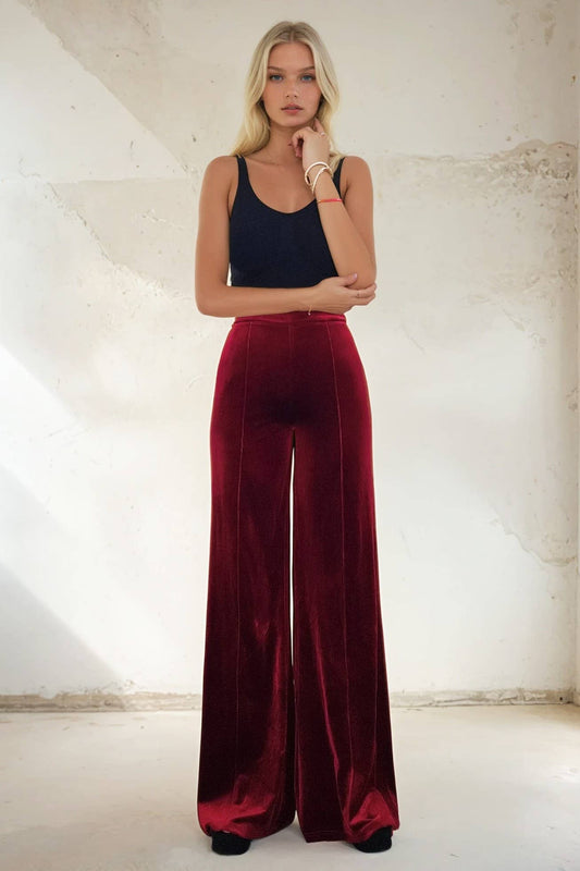 WISTERIA LANE - VELVET PALAZZO TROUSER PANTS 2422PIA WINE