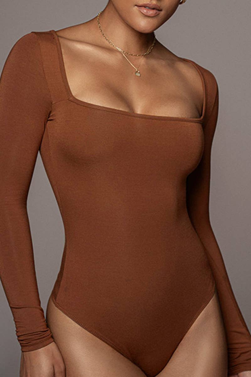 Lily Clothing - WOMEN SEXY DEEP SQUARE NECK LONG SLEEVE BODY SUIT_CWSBSL0019: BROWN / (L) 1