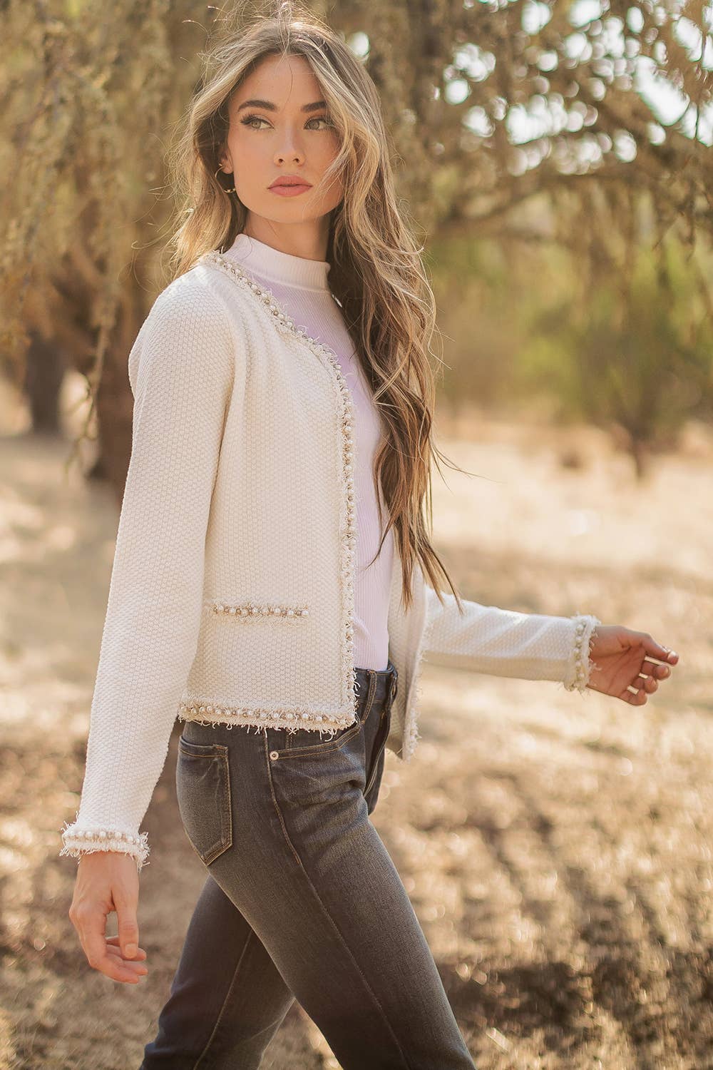 Strut & Bolt - Josette Frayed Pearl Detail Textured Knit Sweater