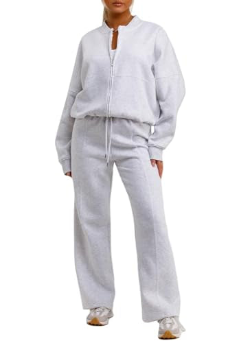 Aleumdr Women's 2 Piece Outfits Oversized Fleece Sweatsuit Zip Up Long Sleeve Sweatshirt with Wide Leg Sweatpants