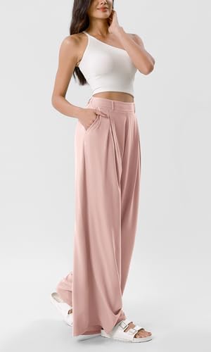 ODODOS Chiffon Flowy Pleated Wide Leg Pants for Women Built-in Shorts Lightweight High Waist Trouser with Pockets