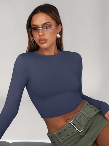 Trendy Queen Womens Long Sleeve Crop Tops Basic Slim Fitted Shirts Casual Fashion 2024 Y2k Tops Teen Girl Clothes