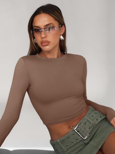 Trendy Queen Womens Long Sleeve Crop Tops Basic Slim Fitted Shirts Casual Fashion 2024 Y2k Tops Teen Girl Clothes