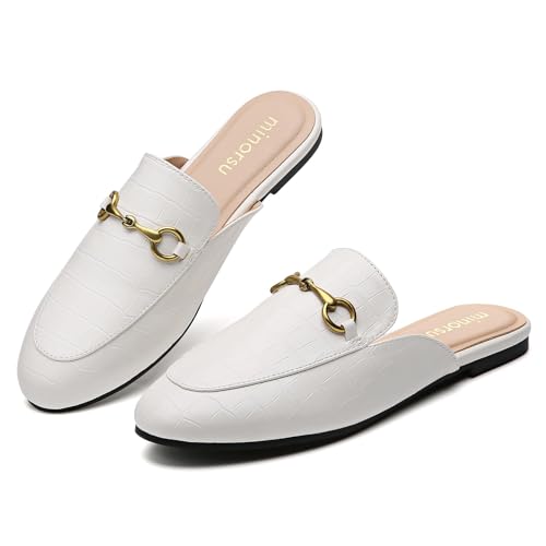 Minorsu Buckle Mules for Women Round Toe Backless Flat Mules Slides Mules Shoes Ladies Slip-on Loafers