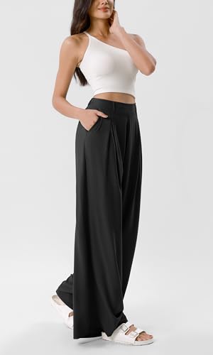 ODODOS Chiffon Flowy Pleated Wide Leg Pants for Women Built-in Shorts Lightweight High Waist Trouser with Pockets