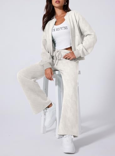 Aleumdr Women's 2 Piece Outfits Oversized Fleece Sweatsuit Zip Up Long Sleeve Sweatshirt with Wide Leg Sweatpants