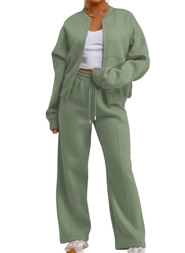 Aleumdr Women's 2 Piece Outfits Oversized Fleece Sweatsuit Zip Up Long Sleeve Sweatshirt with Wide Leg Sweatpants