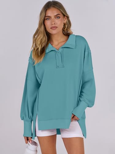 ANRABESS Women's Sweatshirts Oversized Casual Loose Button Up Henley Pullover Top High Low Split 2024 Fall Fashion Outfits