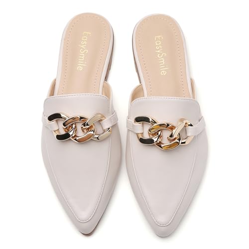 Metal Chain Decor Flat Mules for Women Closed Pointed Toe Slip on Loafers Slides Backless Mules Shoes