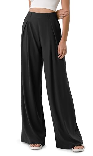 ODODOS Chiffon Flowy Pleated Wide Leg Pants for Women Built-in Shorts Lightweight High Waist Trouser with Pockets